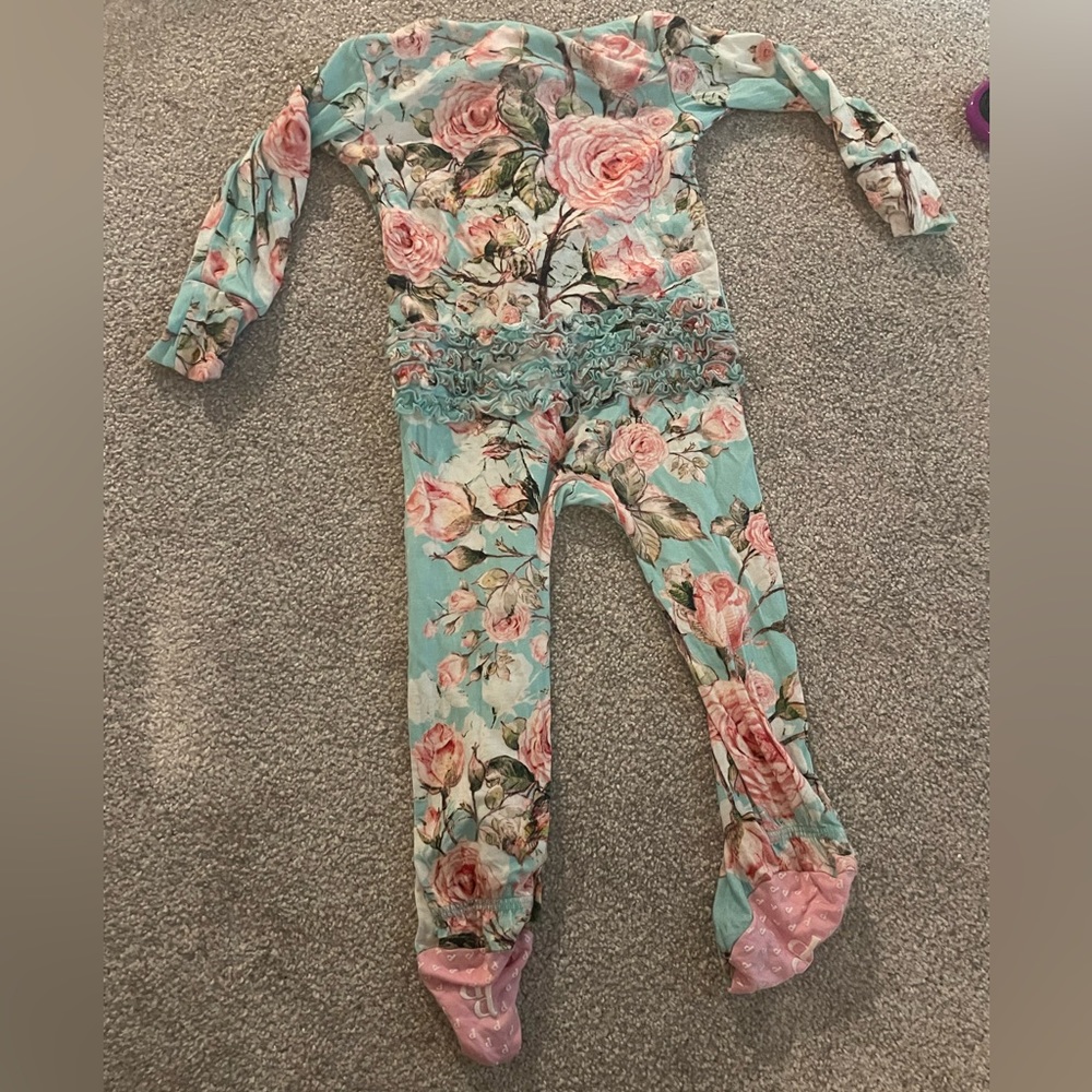 Posh Peanut Spring Rose ruffle footie size 12-18 months